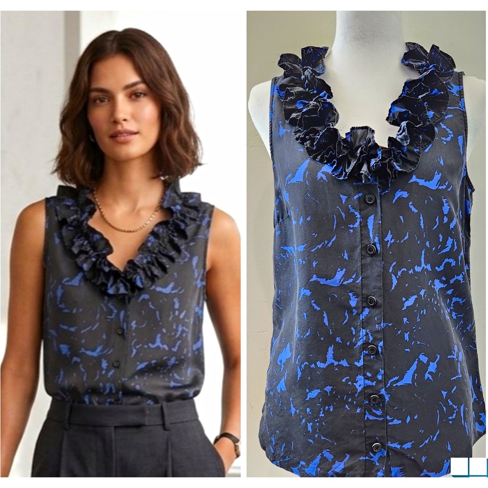 J.Crew Silk Blouse Black Sleeveless Button-Up Ruffle-Neck Camisole Size 4 Office
